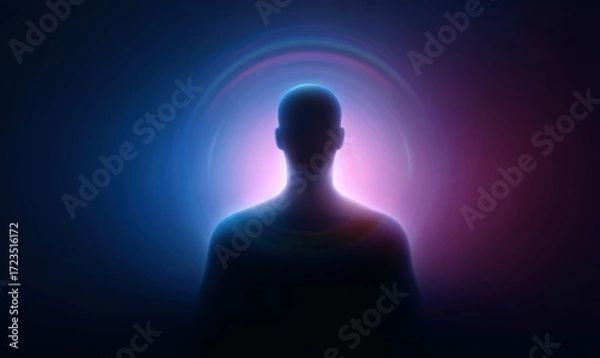 Obraz Silhouette of a Person with Glowing Aura in a Dark Room.