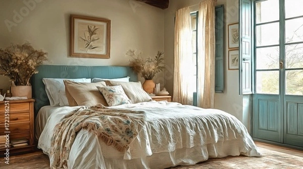 Obraz Provence style bedroom design with pastel blue shutters a floral upholstered headboard and delicate lace curtains for a light airy vibe interior