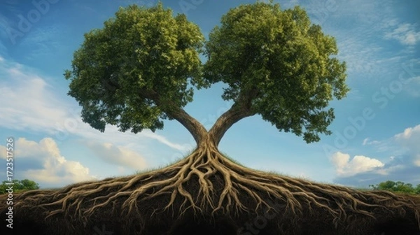 Fototapeta Two trees entwined, powerful roots