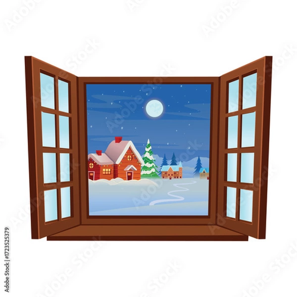 Fototapeta Wooden vector window. Christmas window. Closed window decorated for Christmas. Christmas tree, lanterns, cones, gifts. Christmas party. Set of decorations vector.