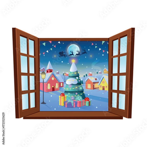 Fototapeta Wooden vector window. Christmas window. Closed window decorated for Christmas. Christmas tree, lanterns, cones, gifts. Christmas party. Set of decorations vector.