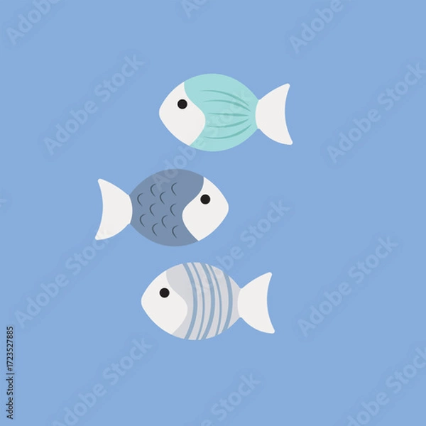 Fototapeta Three fish on blue tile. Flat vector of three stylized fish on blue background, aquatic, playful pattern.