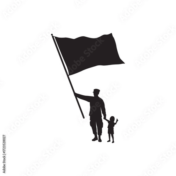 Fototapeta Parent and child with flag silhouette. Silhouette of adult and child holding a flag, unity, freedom, family values.