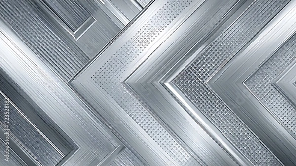 Fototapeta Layered metallic chevron pattern with brushed chrome texture. Futuristic silver industrial background for technology design, wall decor, or luxury product mockup presentations.