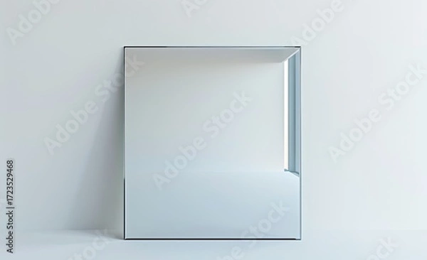 Fototapeta A rectangular mirror with beveled edges stands against a white wall, reflecting a minimalist room