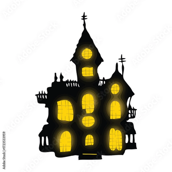 Fototapeta A dark Halloween night with a spooky castle and haunted trees on a hill, a full moon and bats flying in the sky, in a cartoon vector illustration