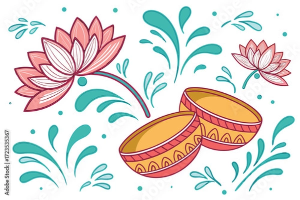 Fototapeta Traditional thai songkran festival seamless background design featuring a temple wat with water splashing elements and festive decorations