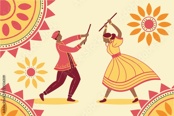 Fototapeta Vibrant seamless background design featuring traditional indian garba dance and festive elements for celebrations