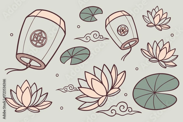 Fototapeta Seamless obon festival pattern featuring floating lanterns and traditional japanese motifs
