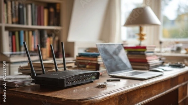 Fototapeta Modern Workspace with Wi-Fi Router and Laptop on Vintage Desk