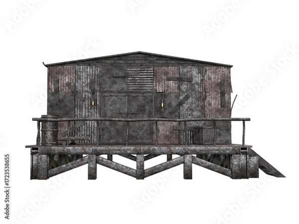 Fototapeta Post apocalyptic shelter building constructed from scrap metal and wood. Isolated 3D render.