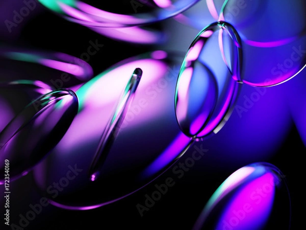 Fototapeta Abstract radiant gradient blur black 3d background in purple blue green colors with dynamic glass circle discs and neon light glow effect. Vibrant transparent disks, technology design. 3D illustration