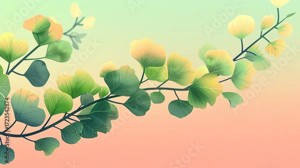 Obraz Ginkgo branch illustration with soft pastel gradients for serene botanical design