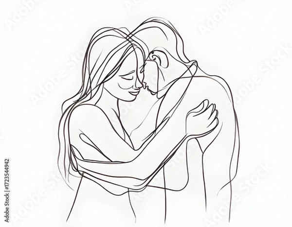 Fototapeta Simple strokes modern line art men and women hugging each other background