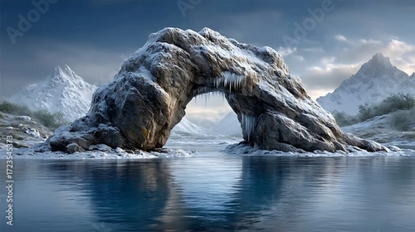 Obraz A breathtaking Antarctic seascape featuring a vivid blue iceberg arch floating above silver-cold waters, icicles glistening and a horizon of snow-draped hills beneath a soft, cloudy sky.