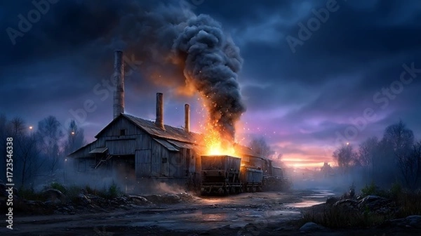 Obraz A detailed nighttime scene of a steel foundry, with molten metal glowing in pits and smokestacks emitting sparks and smoke into the dark sky. The industrial chaos is both mesmerizing and grim.