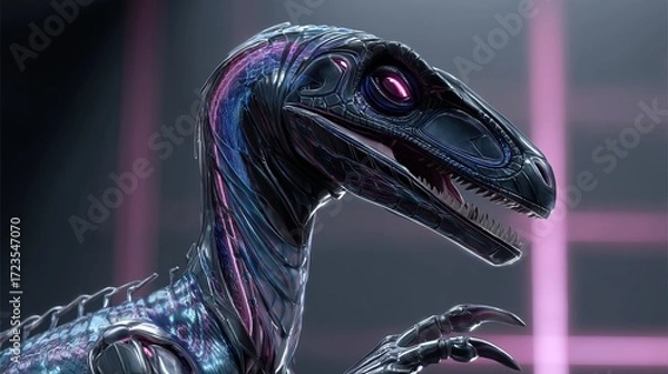 Fototapeta 
Velociraptor AI assassin with a sleek metallic body, representing a futuristic and dangerous fusion of technology and nature