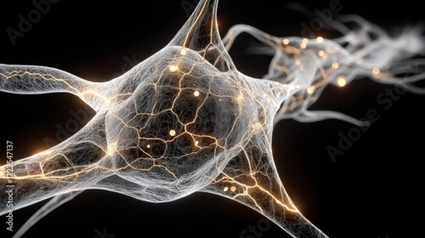 Fototapeta Abstract representation of a white neuron with golden highlights, symbolizing connection, communication, and intelligence