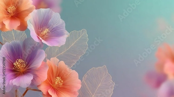 Fototapeta Bright abstract floral design on a pastel gradient background, representing the beauty and delicate nature of spring and new beginnings