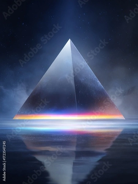 Fototapeta Prismatic crystal pyramid with a reflective base, symbolizing futuristic technology and ancient power