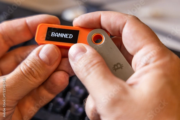 Fototapeta hardware Bitcoin wallet in a hands with message BANNED on screen