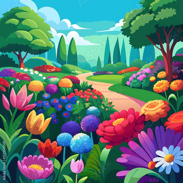 Fototapeta Lush Vibrant Floral Garden with Rich Colors and a Dreamy Blur, Ai Generated