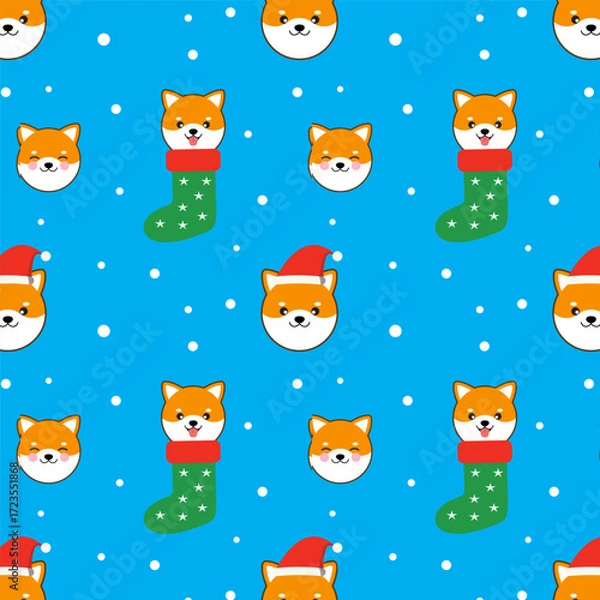 Fototapeta Happy kawaii doggy Christmas pattern.Colorful Xmas seamless pattern with Shiba Inu dog with red hat and green stocking isolated on blue background.Winter, new year vector background wallpaper.