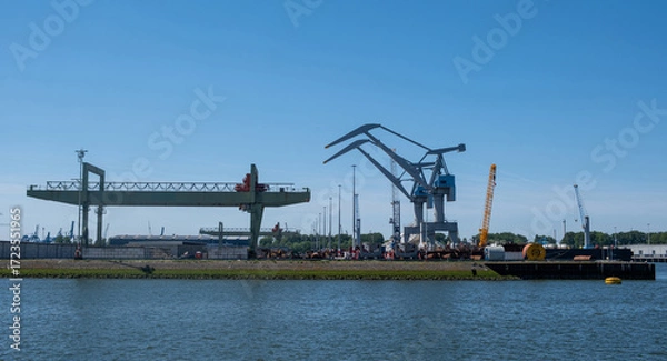 Fototapeta Port of Rotterdam, Netherlands. Cargo ships and cranes loading, Logistics business
