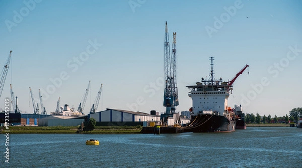 Fototapeta Port of Rotterdam, Netherlands. Cargo ships and cranes loading, Logistics business