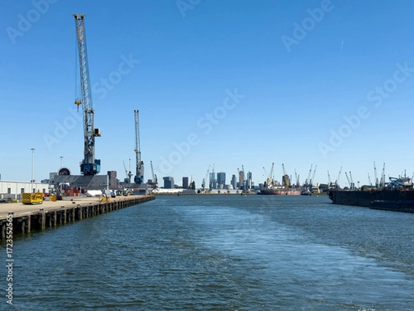 Fototapeta Port of Rotterdam, Netherlands. Cargo ships and cranes loading, Logistics business
