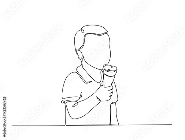 Fototapeta Continuous line art drawing of happy boy enjoying ice cream. Kid holding ice cream in single line art drawing vector illustration. Editable stroke.