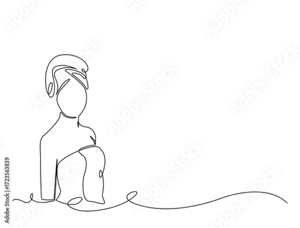 Fototapeta Continuous line art drawing of pretty girl with bare shoulders and towel on head. Girl with towel on head in single line art drawing vector illustration. Editable stroke.