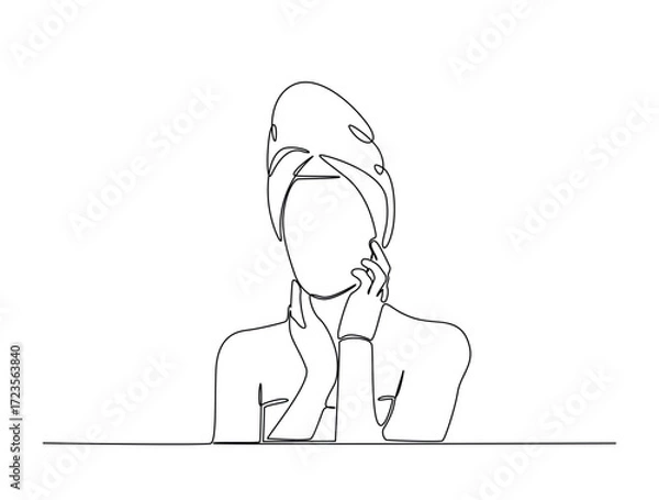 Fototapeta Continuous line art drawing of pretty girl with bare shoulders and towel on head. Girl with towel on head in single line art drawing vector illustration. Editable stroke.