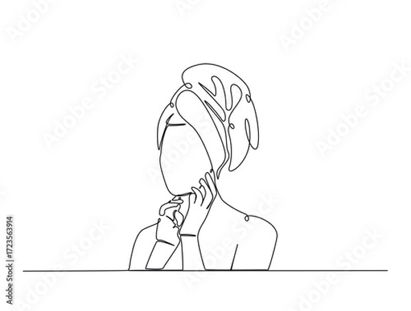 Fototapeta Continuous line art drawing of pretty girl with bare shoulders and towel on head. Girl with towel on head in single line art drawing vector illustration. Editable stroke.