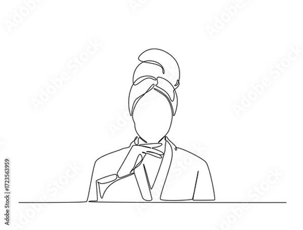 Fototapeta Continuous line art drawing of pretty girl wearing kimono and towel on head. Girl with towel on head in single line art drawing vector illustration. Editable stroke.