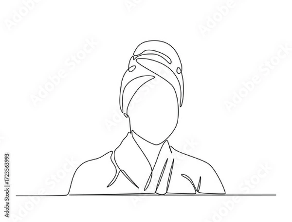 Fototapeta Continuous line art drawing of pretty girl wearing kimono and towel on head. Girl with towel on head in single line art drawing vector illustration. Editable stroke.