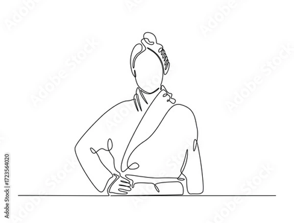 Fototapeta Continuous line art drawing of pretty girl wearing kimono and towel on head. Girl with towel on head in single line art drawing vector illustration. Editable stroke.
