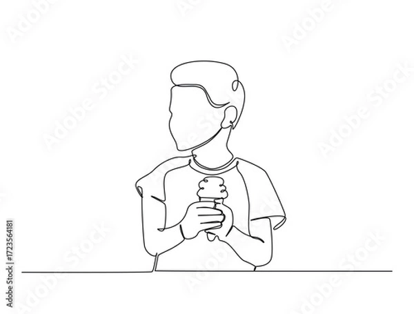 Fototapeta Continuous line art drawing of happy boy enjoying ice cream. Kid holding ice cream in single line art drawing vector illustration. Editable stroke.