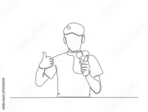 Fototapeta Continuous line art drawing of happy boy enjoying ice cream. Kid holding ice cream in single line art drawing vector illustration. Editable stroke.