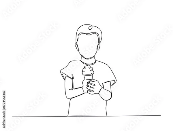 Fototapeta Continuous line art drawing of happy boy enjoying ice cream. Kid holding ice cream in single line art drawing vector illustration. Editable stroke.