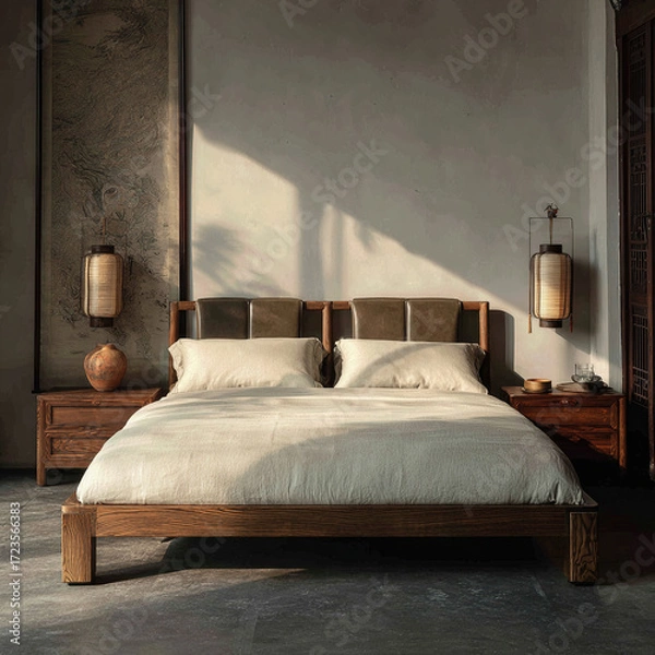 Fototapeta A serene and minimalist Japandi-style bedroom with a low wooden bed and concrete walls, bathed in warm morning sunlight, creating a tranquil and modern retreat.
