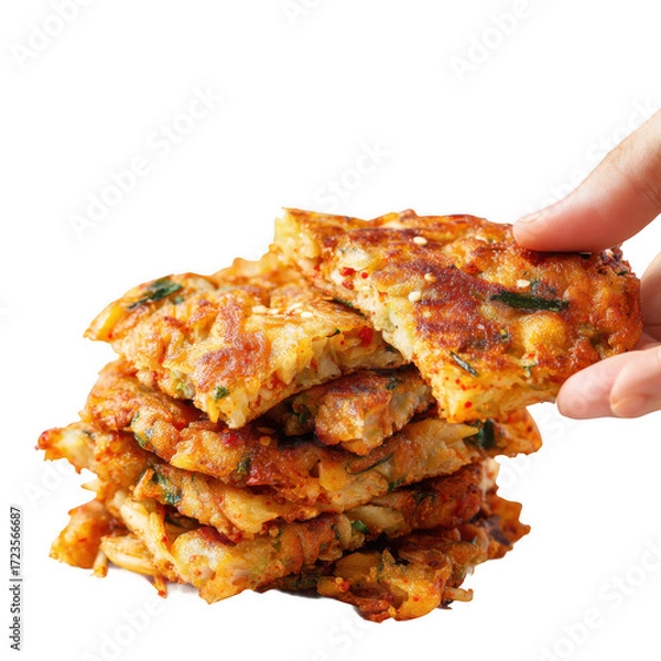 Fototapeta  Kimchi pancake (Kimchi jeon or kimchi buchimgae) with hand ready to eating, Korean food [Transparent Background PNG].