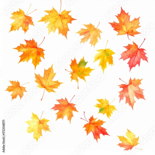 Fototapeta the image displays an array of leaves scattered across a white surface. each leaf exhibits the characteristic shape with pointed lobes and vibrant colors of yellow, orange, and red