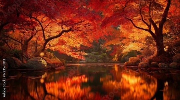 Fototapeta 水面に映る紅葉ライトアップ、幻想的な秋の日本庭園