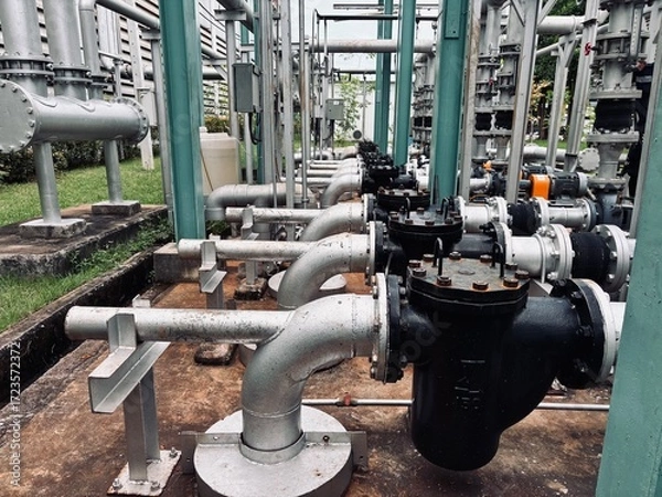 Fototapeta Industrial pipes and valves in a power plant or factory, showing a complex system of machinery and infrastructure for water or oil and gas industry.