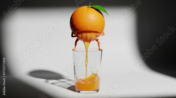 Fototapeta Whimsical Orange Squeezing Fresh Juice into a Glass with Playful Legs