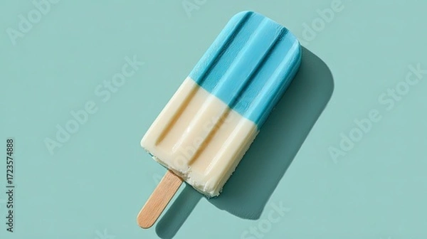 Fototapeta Minimalist realistic flat lay of blue and white striped ice cream bar on pastel green background, paper-cut style with soft lighting, no shadow, glossy treat for food-themed designs