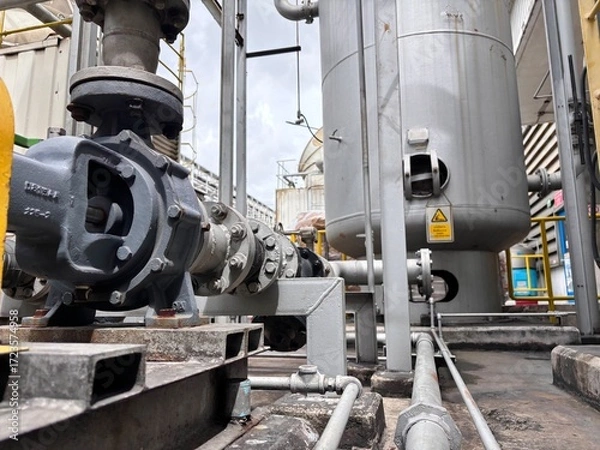 Fototapeta A wide-angle, low-view shot of heavy-duty industrial machinery, including a large pump and a tall cylindrical tank, set within a complex network of pipes and metal structures under an overcast sky.