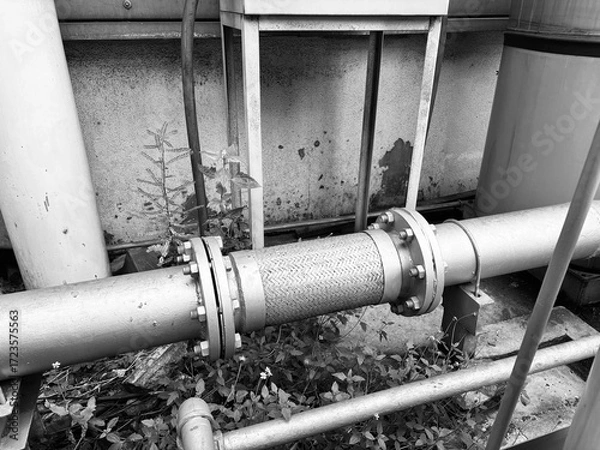 Fototapeta A black and white image of a complex industrial piping system with a flexible joint connecting two metal pipes, set against a dirty concrete wall with some wild weeds growing below.