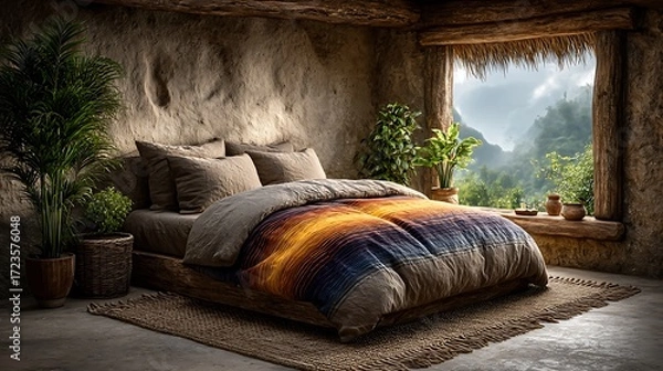 Obraz A realistic high-definition photo of a boho bedroom with macrame and colorful bedding.